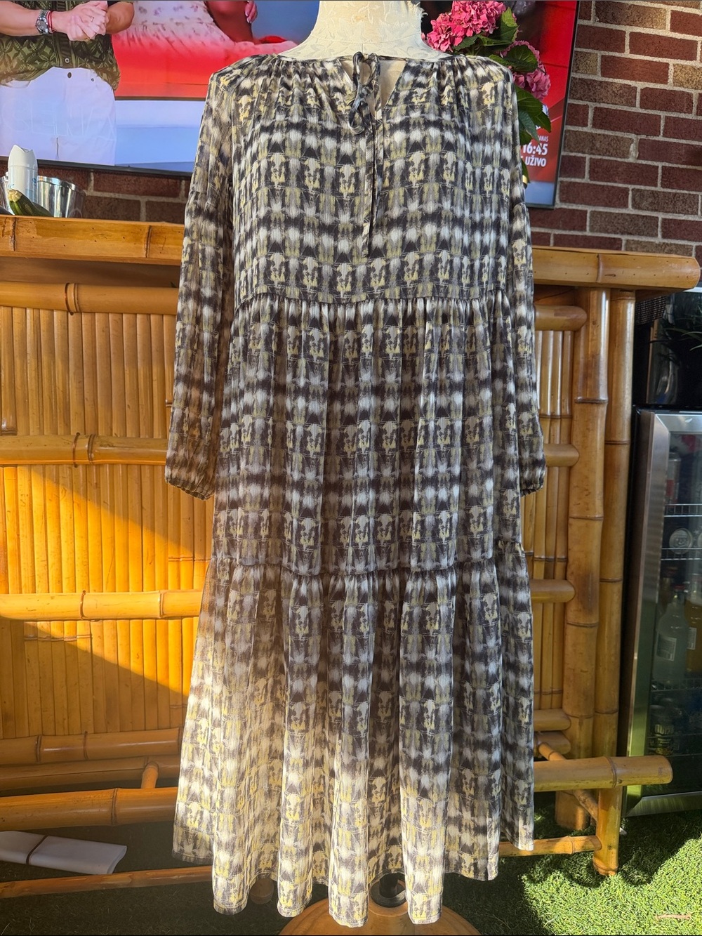 Banana Republic gray and yellow Patterned Tiered midi Dress